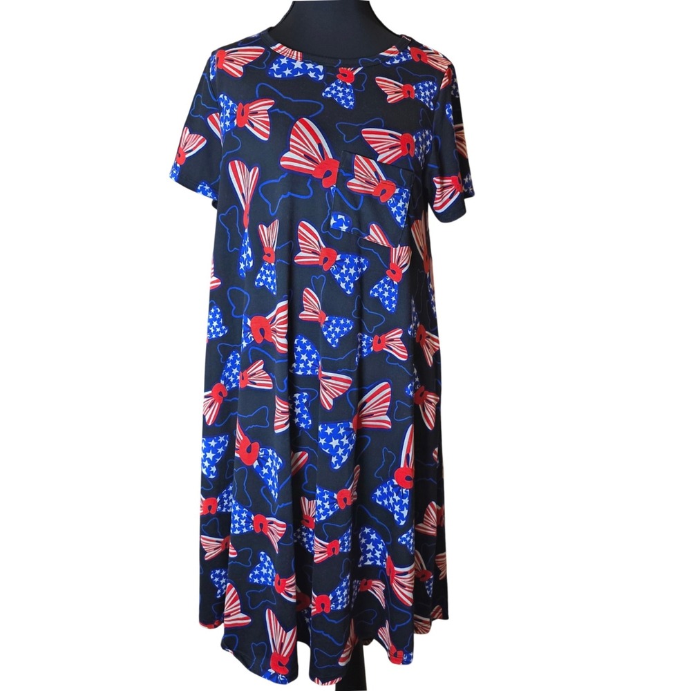 LuLaRoe Carly Swing Dress Patriotic Americana Bows‎ Stars Casual Comfy S